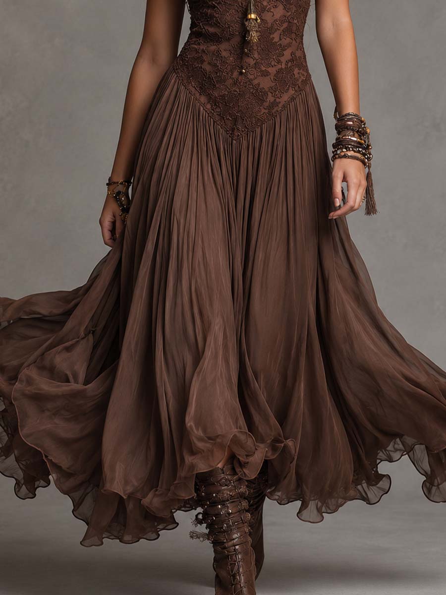 Vestido Longo Chiffon Marrom com Renda Loreta