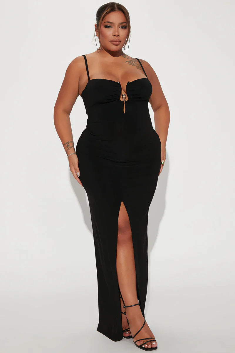 Vestido Longo Preto Minimal com Fenda Alta
