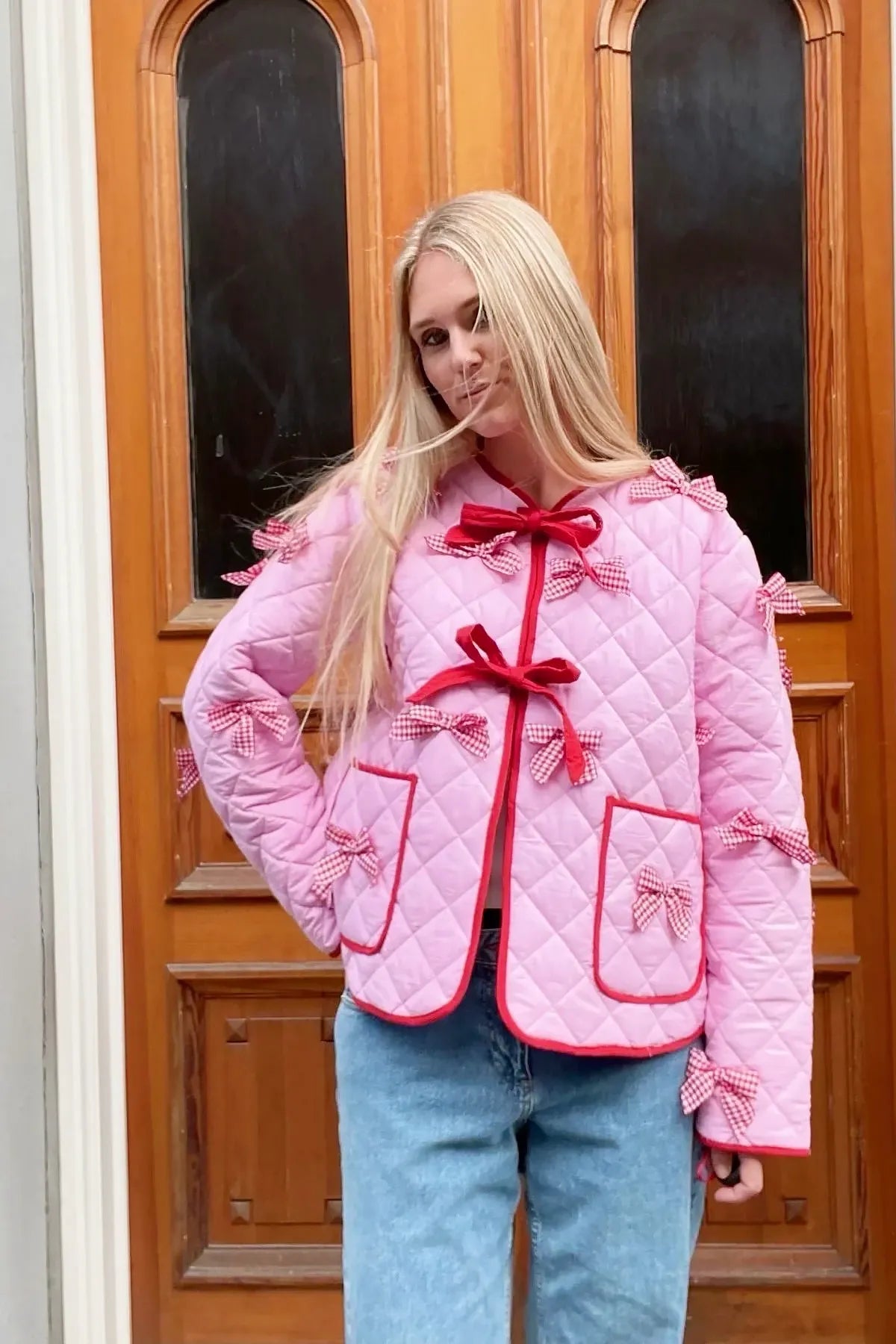 Jaqueta Casual Diária de Cor Sólida com Bolsos e Laço Decorativo com Decote Redondo