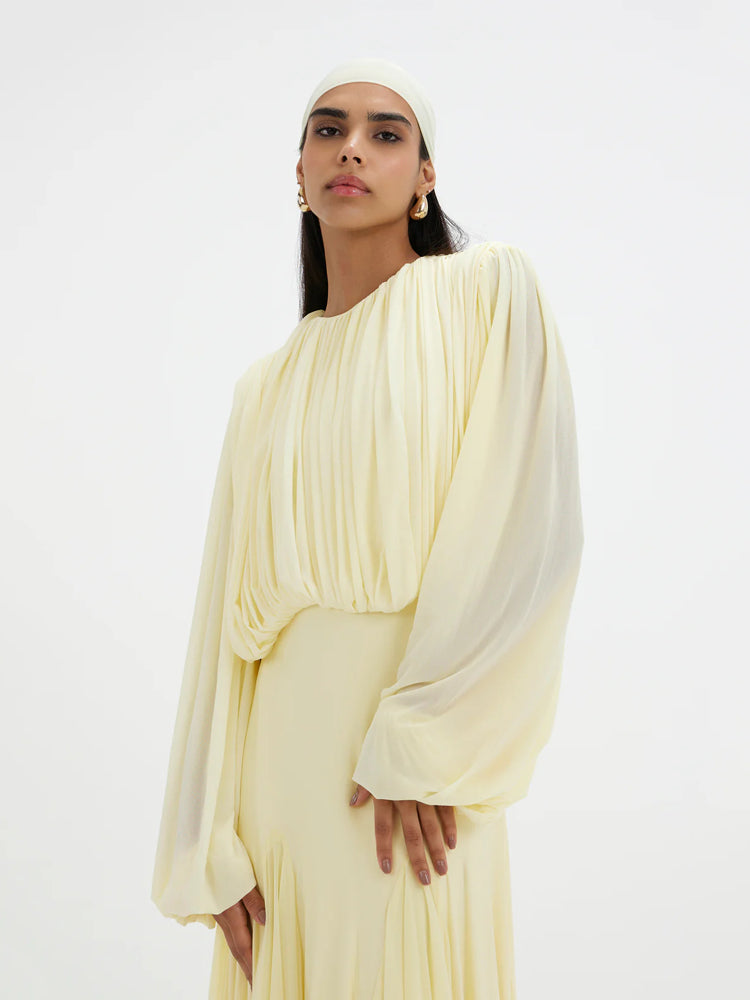 Vestido Longo de Chiffon Plissado com Manga Longa