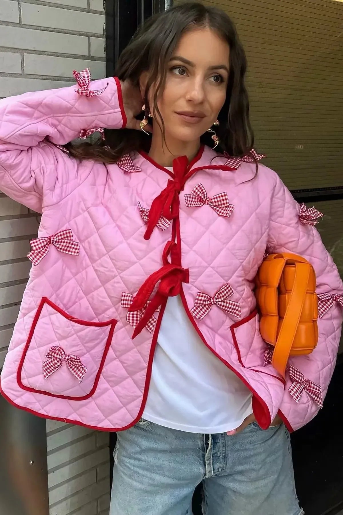 Jaqueta Casual Diária de Cor Sólida com Bolsos e Laço Decorativo com Decote Redondo