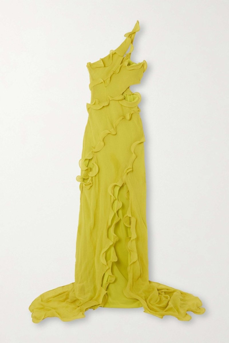Vestido Longo Glória de Um Ombro Só com Babados em Chiffon