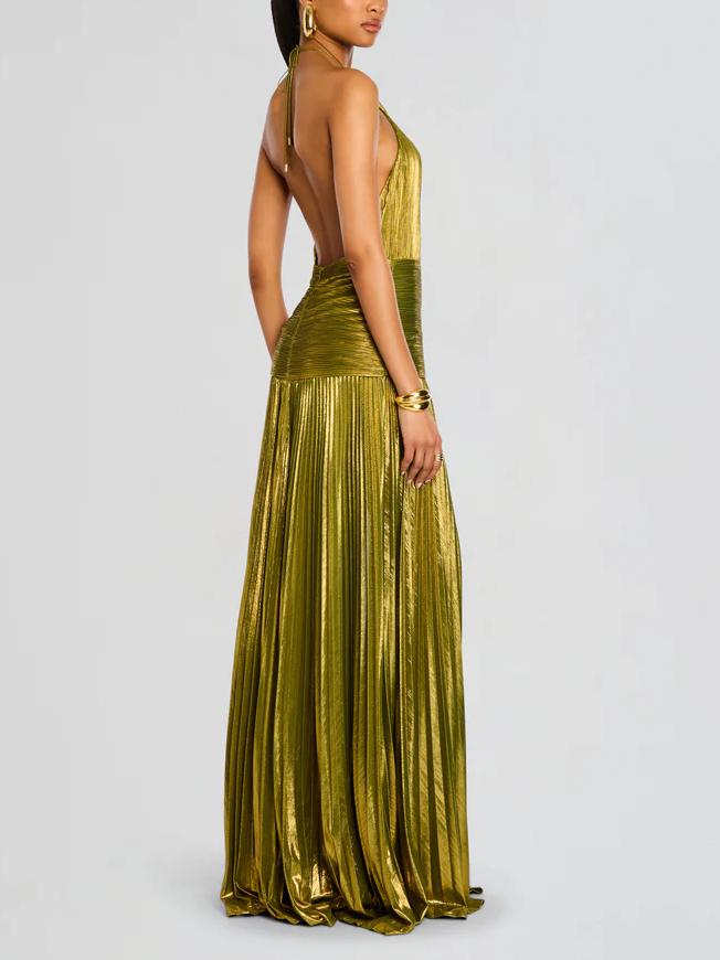 Vestido Longo Thalia em Lamê Peridoto Metálico