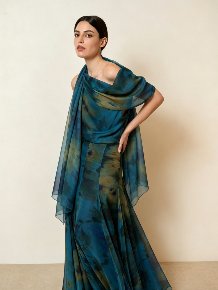 Conjunto Azul Petróleo com Echarpe Fluida e Estampa Artística