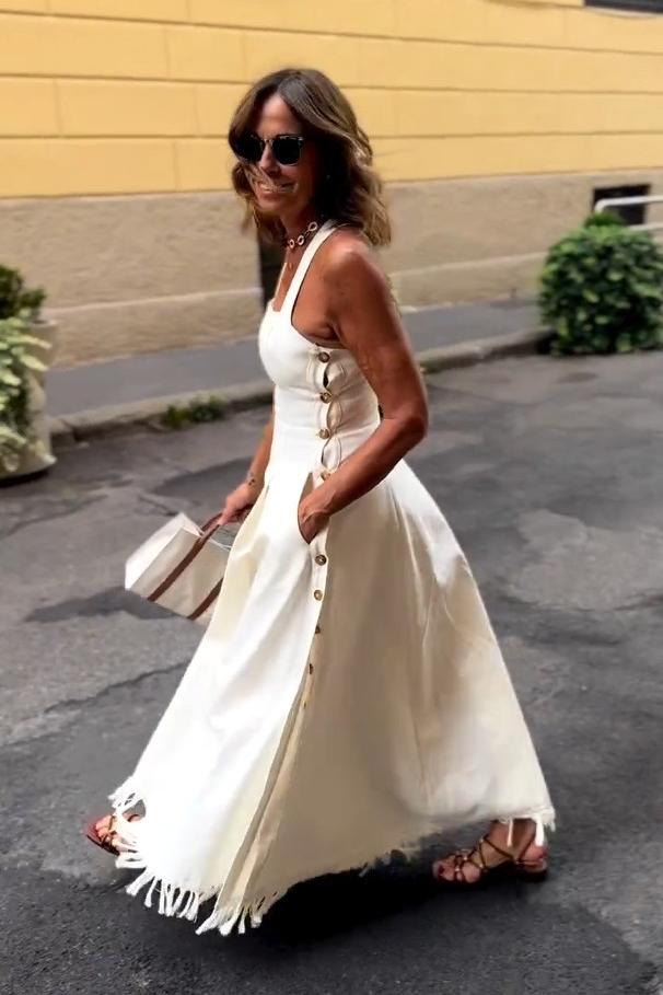 Vestido Longo Boho Branco com Franjas e Bolsos