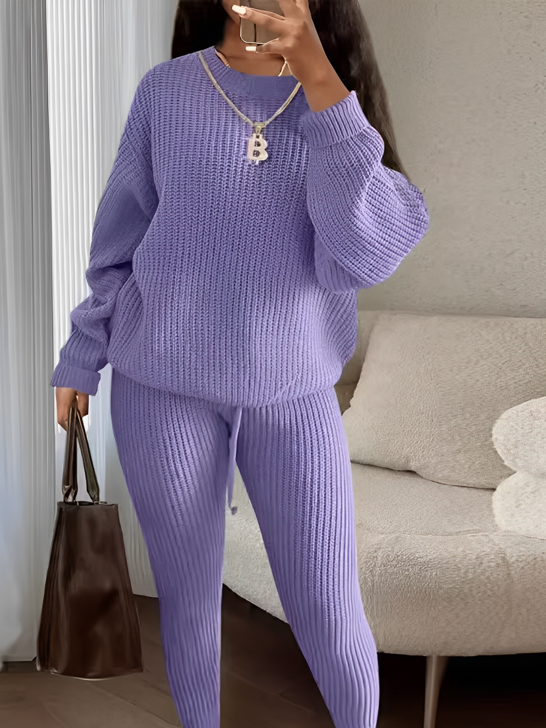 Conjunto Feminino de Tricô com Suéter Oversized e Calça Legging com Cintura Ajustável – Ranya