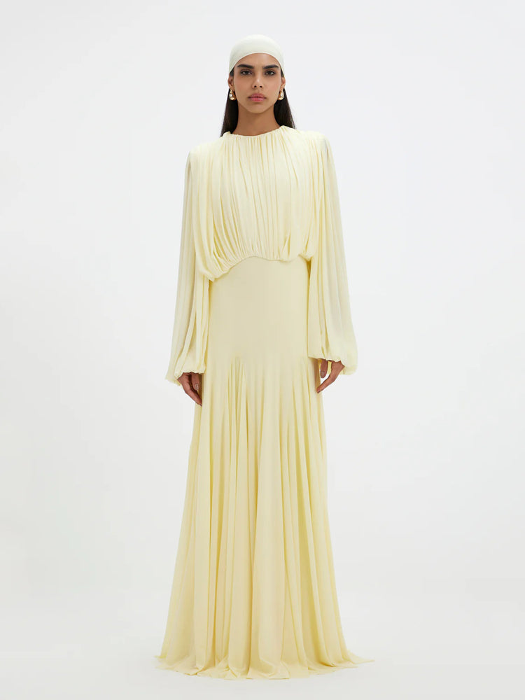 Vestido Longo de Chiffon Plissado com Manga Longa