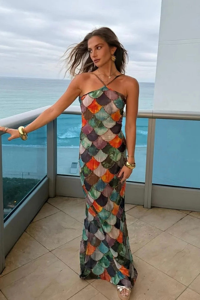Vestido Longo Com Amarração No Pescoço Multicolorido