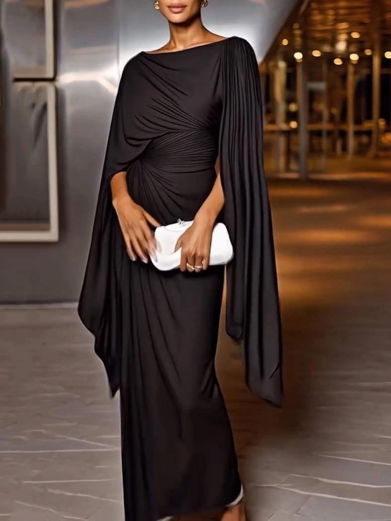 Vestido Longo com Mangas em Capa e Drapado Elegante