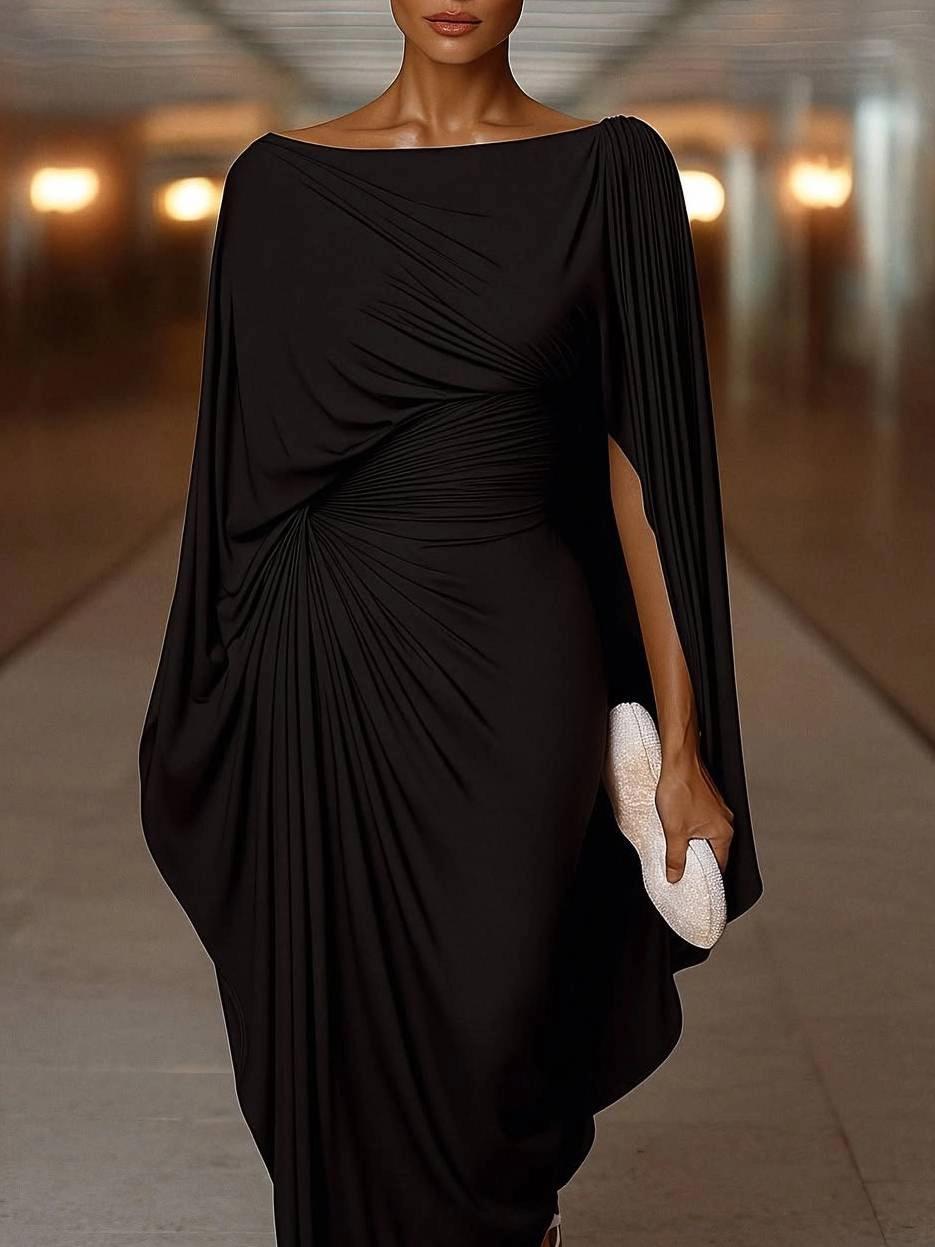 Vestido Longo com Mangas em Capa e Drapado Elegante