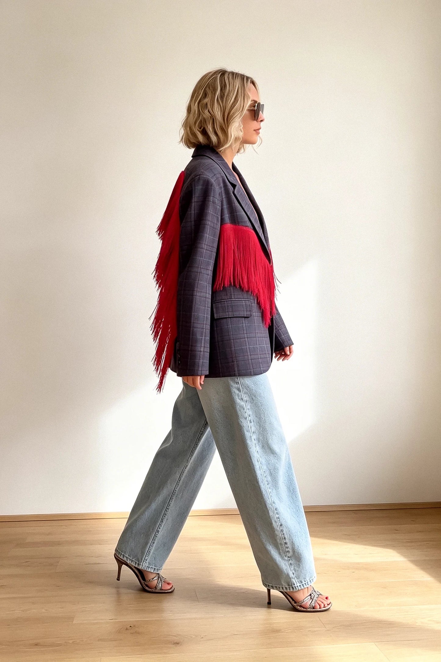 Plaid Blazer with Red Fringe Angel Wings