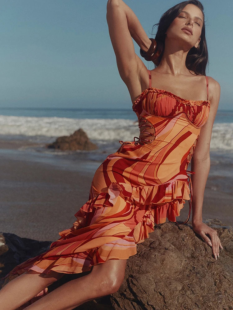Vestido Longo Encanto Ruffle – Alças Finas e Costas Abertas