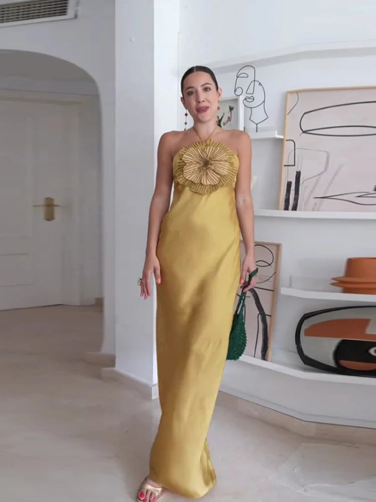 Vestido Aurora di Fiore – Longo Sereia em Cetim com Flores 3D