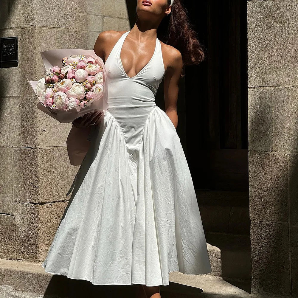 Vestido Feminino Elegante Eudora – Longo Decote Profundo e Costas Nuas