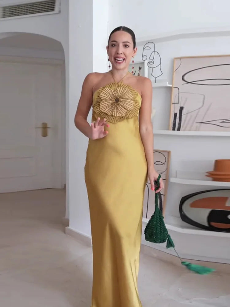 Vestido Aurora di Fiore – Longo Sereia em Cetim com Flores 3D