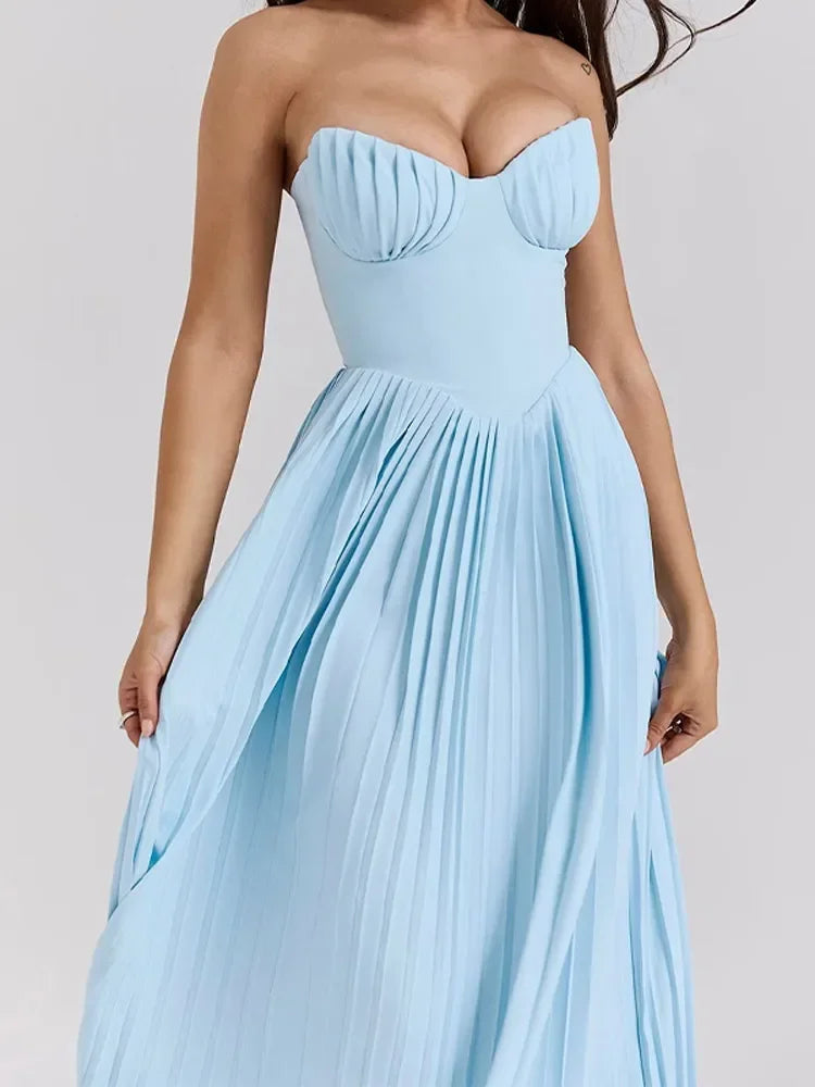 Vestido Longo Plissado Tomara que Caia com Cintura Alta e Costas Nuas - Noemi