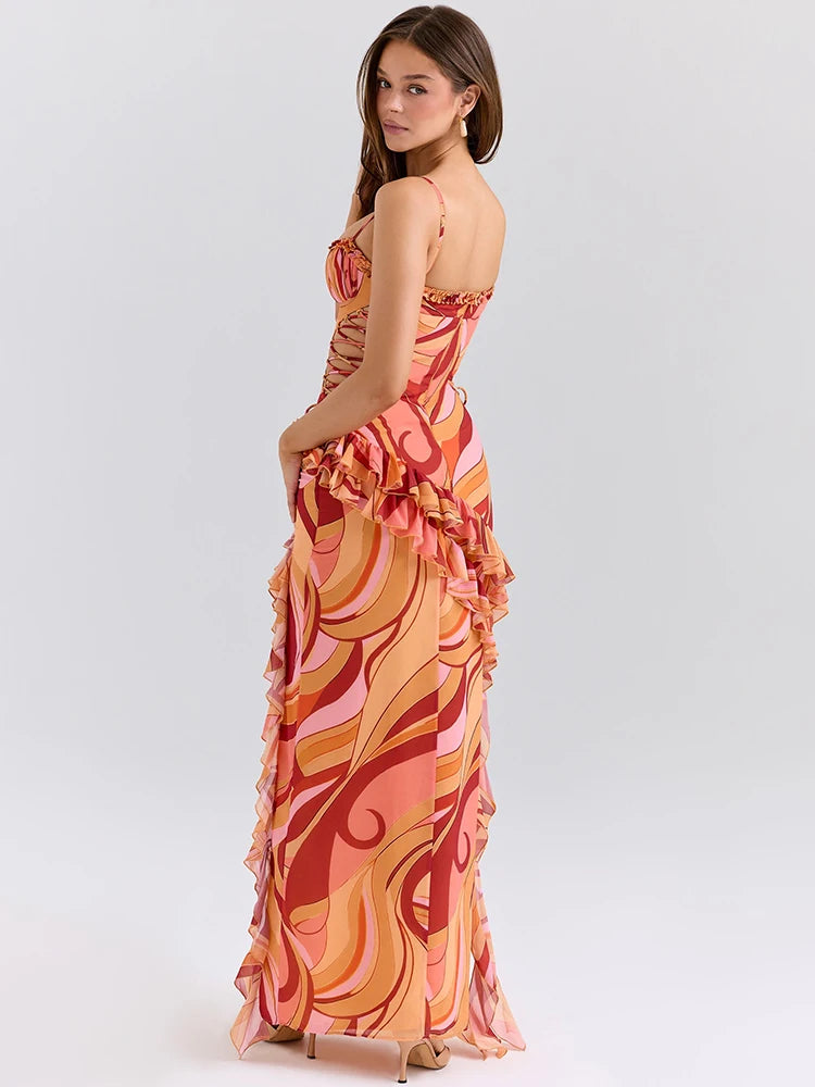 Vestido Longo Encanto Ruffle – Alças Finas e Costas Abertas