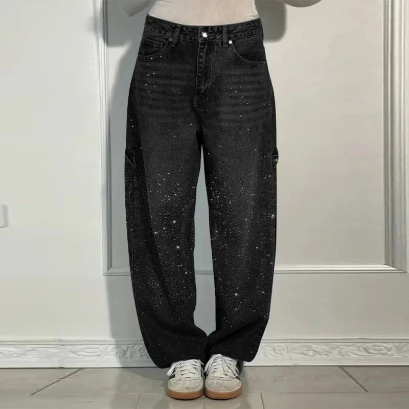 Calça Jeans Feminina Cintura Alta com Strass Luxuosos