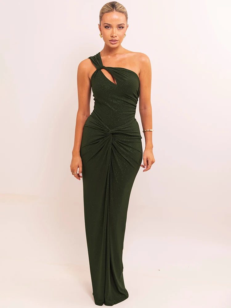 Vestido Longo Elegância Diagonal – Ombro Único e Costas Abertas