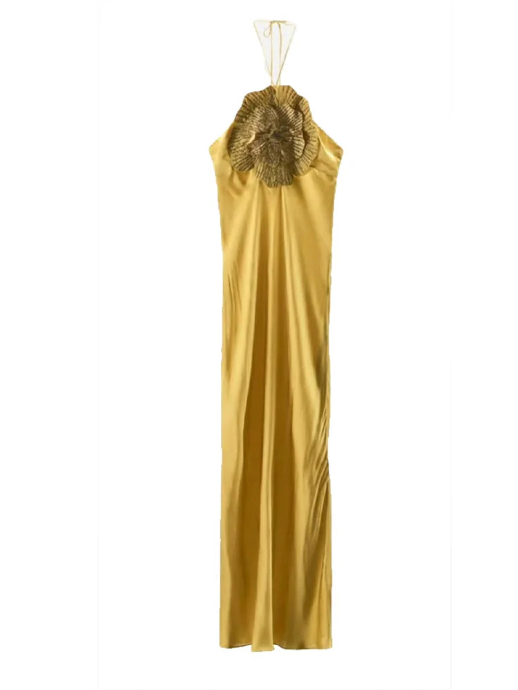 Vestido Aurora di Fiore – Longo Sereia em Cetim com Flores 3D