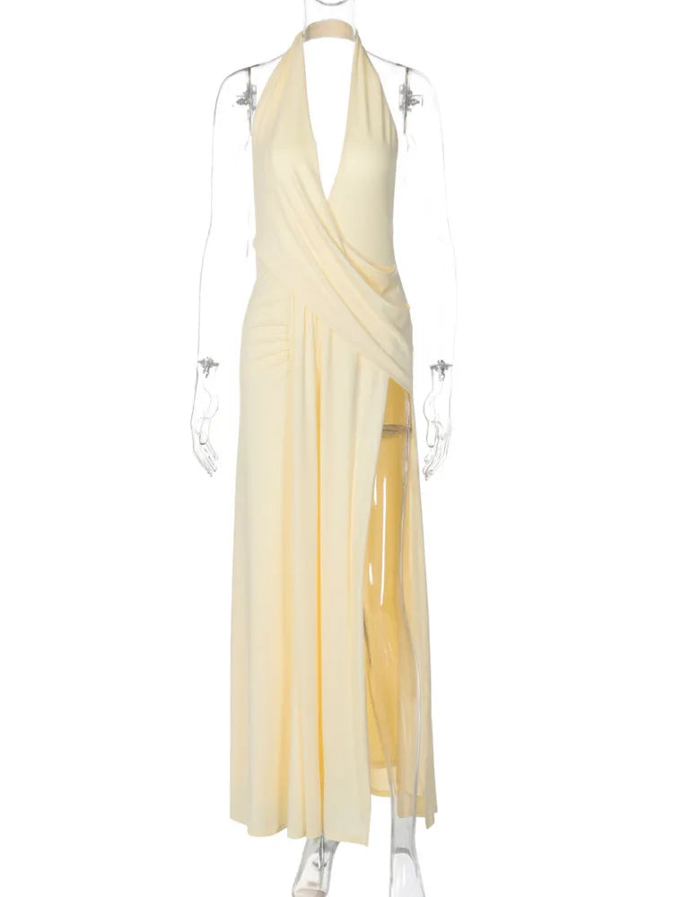 Vestido Longo Halter Decote Profundo Valentina com Fenda Lateral e Costas Nuas
