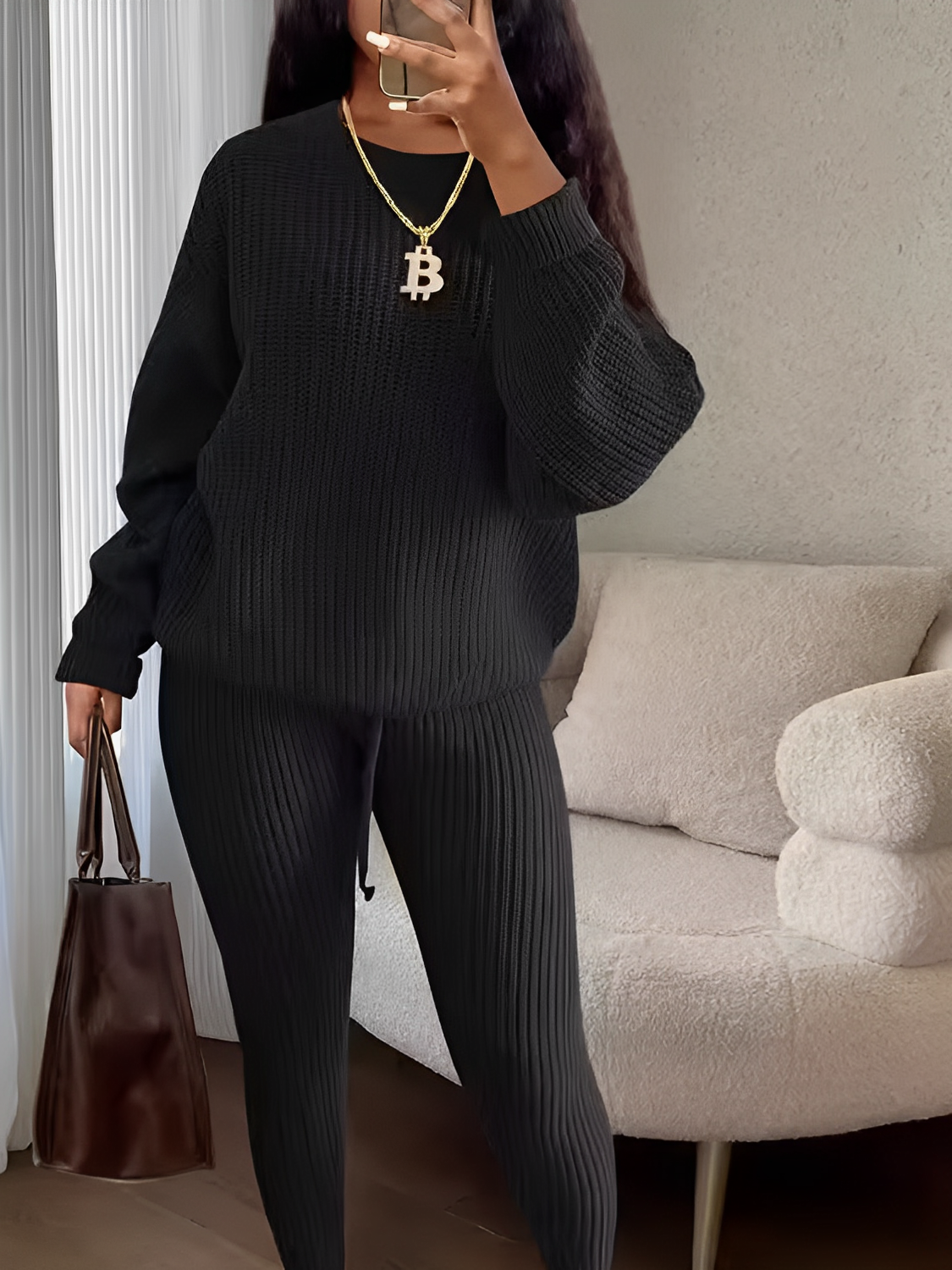 Conjunto Feminino de Tricô com Suéter Oversized e Calça Legging com Cintura Ajustável – Ranya