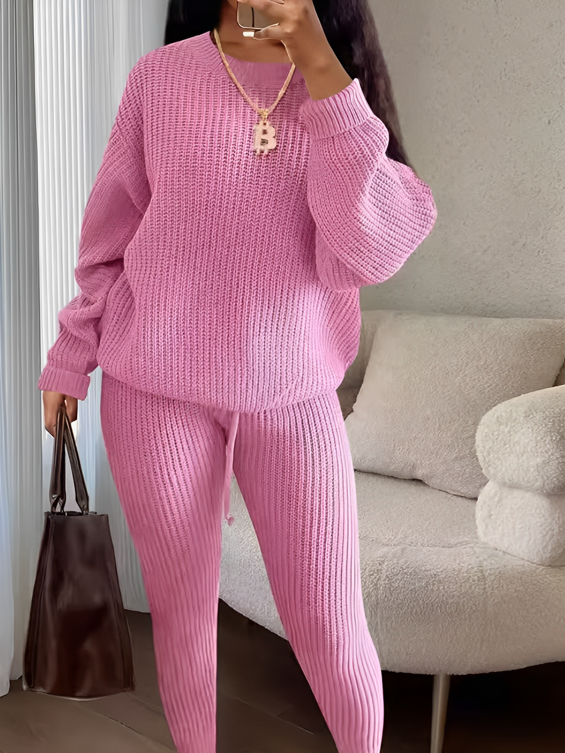 Conjunto Feminino de Tricô com Suéter Oversized e Calça Legging com Cintura Ajustável – Ranya