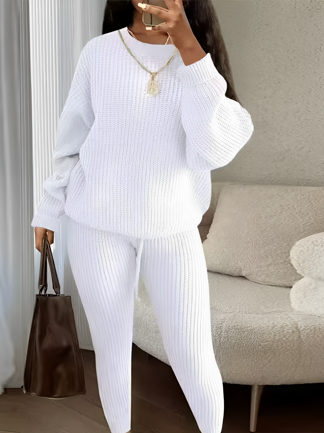 Conjunto Feminino de Tricô com Suéter Oversized e Calça Legging com Cintura Ajustável – Ranya