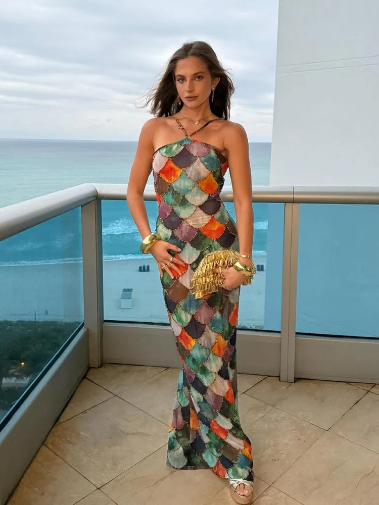 Vestido Longo Com Amarração No Pescoço Multicolorido