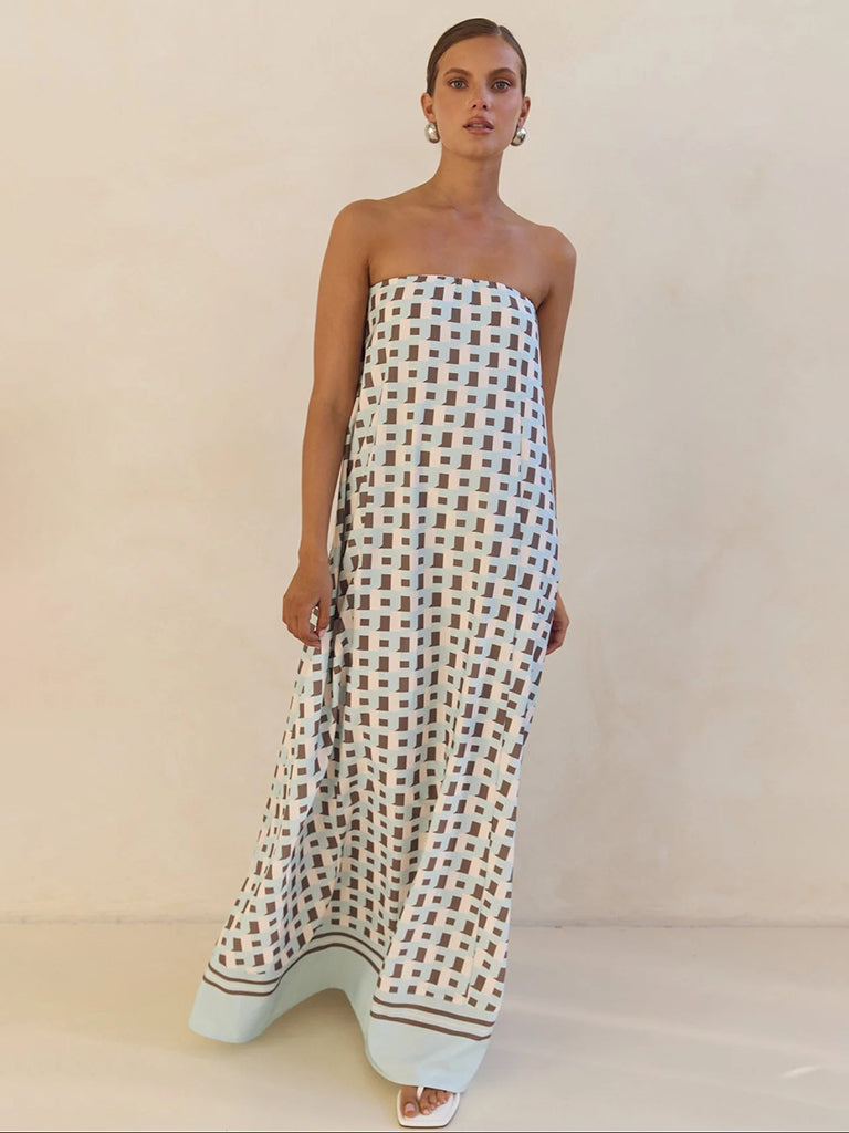 Vestido Longo Tomara que Caia Tina Xadrez Marrom Ombro a Ombro