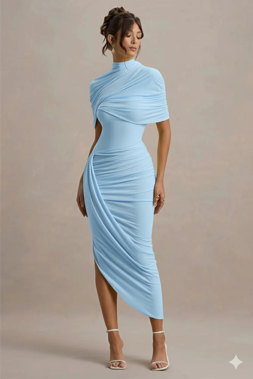 Vestido Midi Cinturado com Detalhe de Drapeado e Costas Nuas