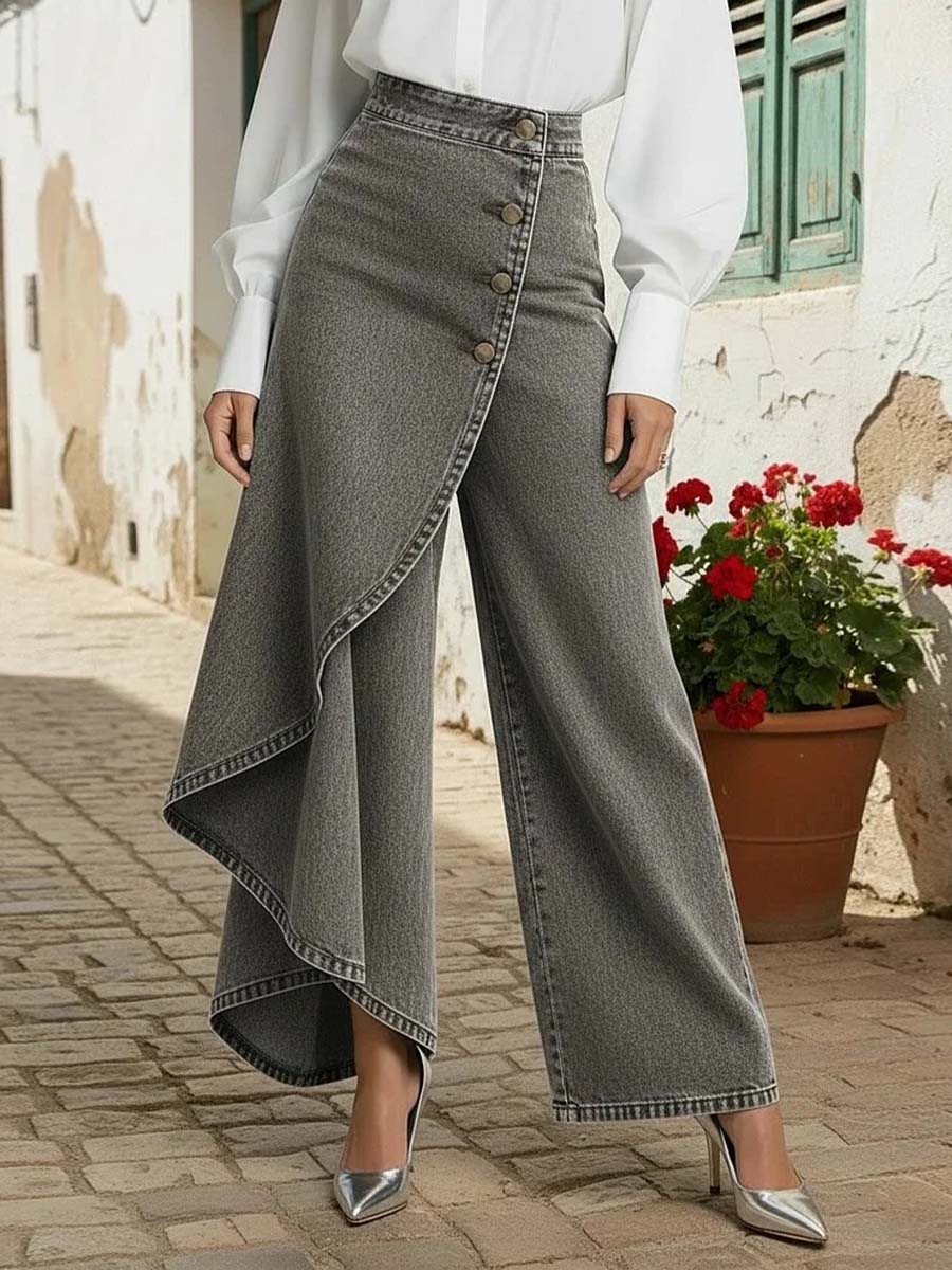 Calça Jeans Wide Leg com Transpasse Assimétrico e Cintura Alta