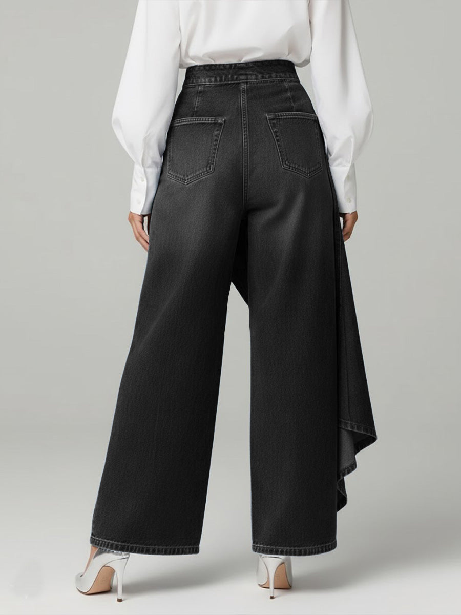 Calça Jeans Wide Leg com Transpasse Assimétrico e Cintura Alta