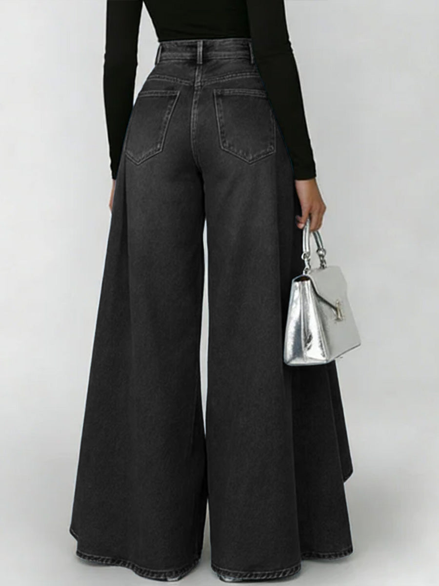 Calça Jeans Palazzo Cintura Alta com Babado Sobreposto