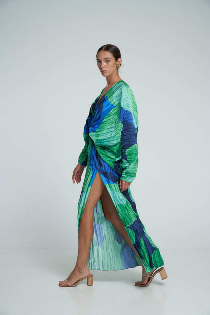 Vestido Maxi Kaftan com Plissado e Estampa - Pamela