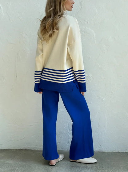 Conjunto Feminino com Suéter Listrado de Gola Alta e Calça de Cintura Alta - July
