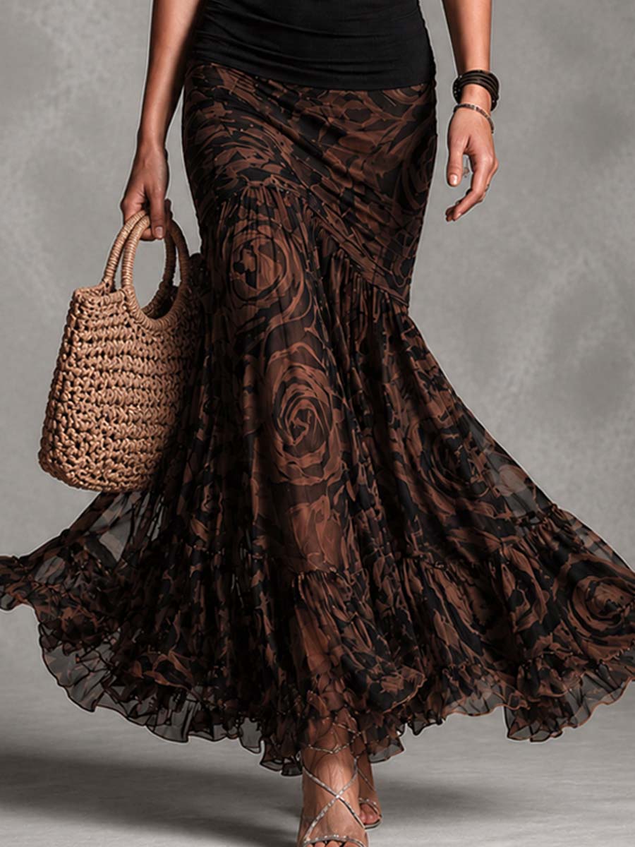 Conjunto Valentina Preto com Saia Estampada Marrom