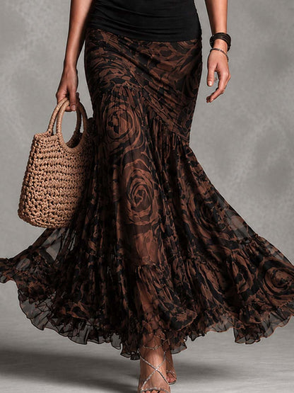 Conjunto Valentina Preto com Saia Estampada Marrom