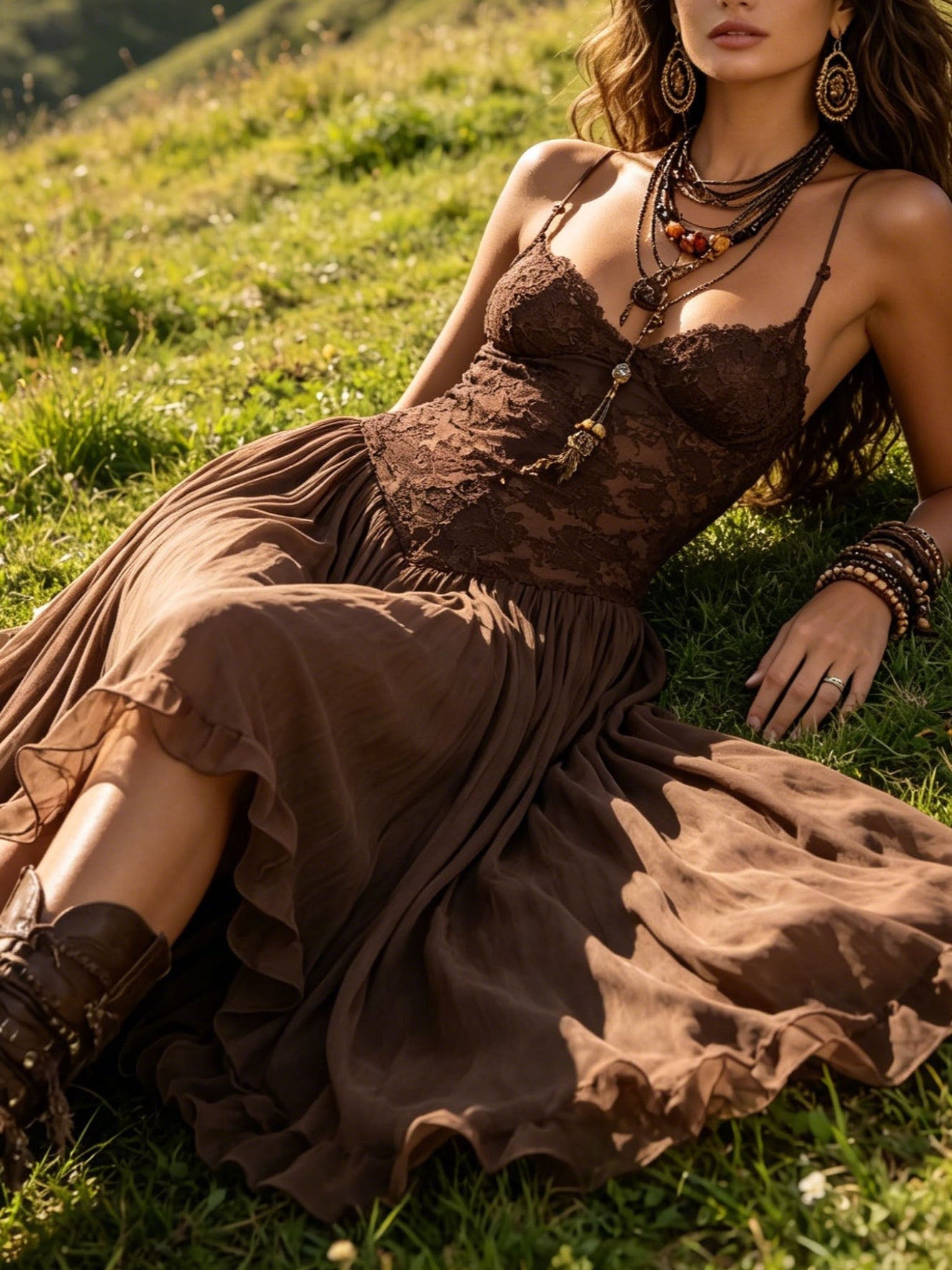 Vestido Longo Chiffon Marrom com Renda Loreta