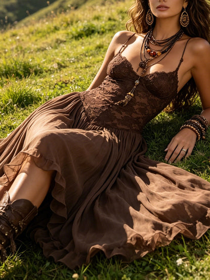 Vestido Longo Chiffon Marrom com Renda Loreta