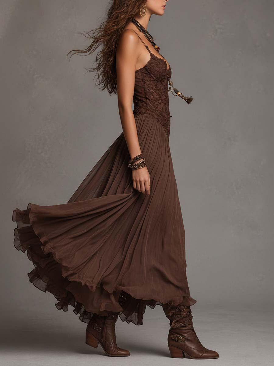 Vestido Longo Chiffon Marrom com Renda Loreta