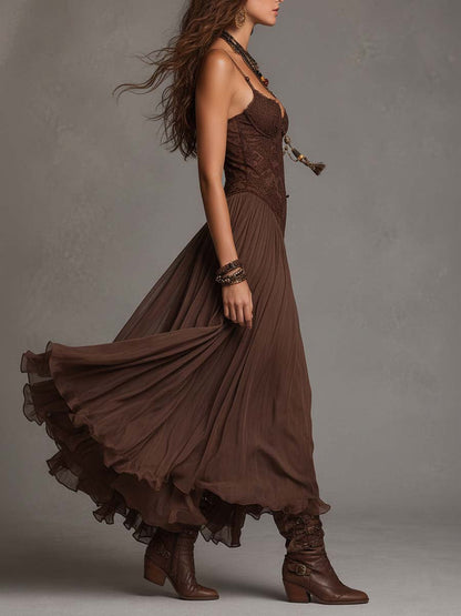Vestido Longo Chiffon Marrom com Renda Loreta