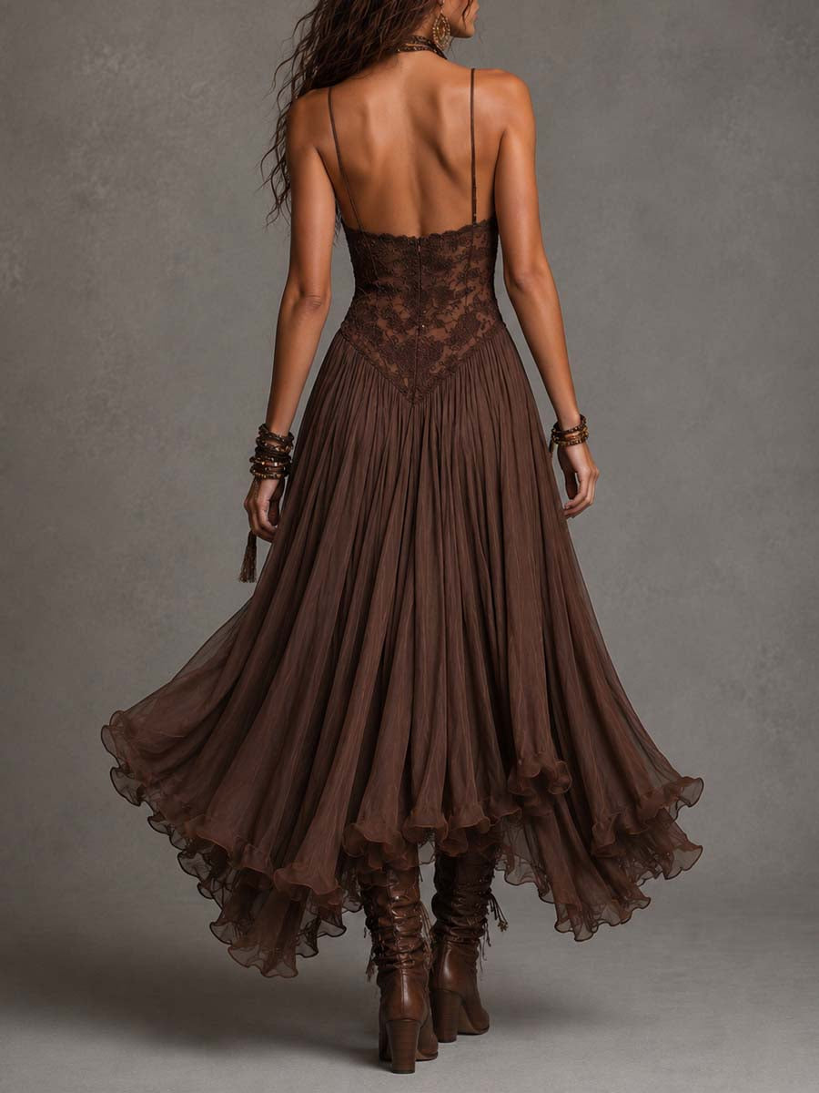 Vestido Longo Chiffon Marrom com Renda Loreta
