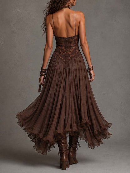 Vestido Longo Chiffon Marrom com Renda Loreta