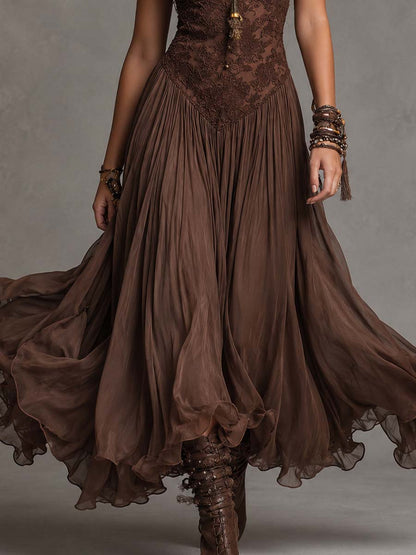 Vestido Longo Chiffon Marrom com Renda Loreta