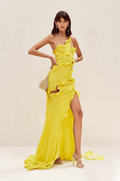 Vestido Longo Glória de Um Ombro Só com Babados em Chiffon