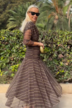 Vestido Longo Bohemian em Tule com Estampa e Decote em V