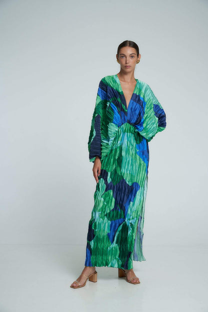 Vestido Maxi Kaftan com Plissado e Estampa - Pamela
