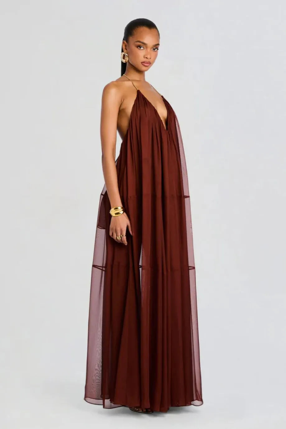 Vestido Longo de Chiffon Arlet com Decote V em Marrom