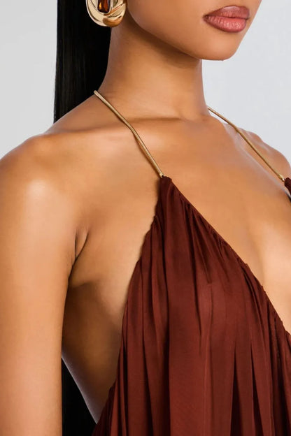 Vestido Longo de Chiffon Arlet com Decote V em Marrom